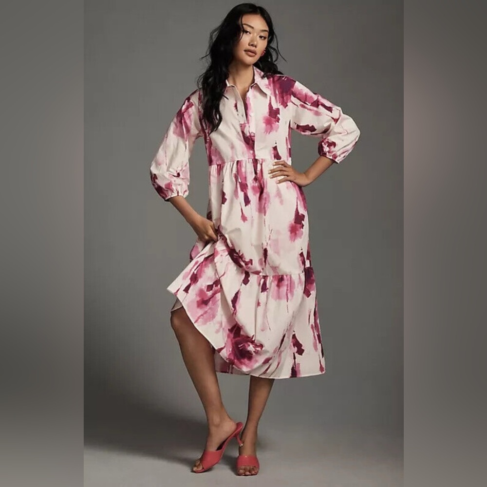 Like New Maeve Bettina Tiered Shirt Dress from Anthropologie in Watercolor